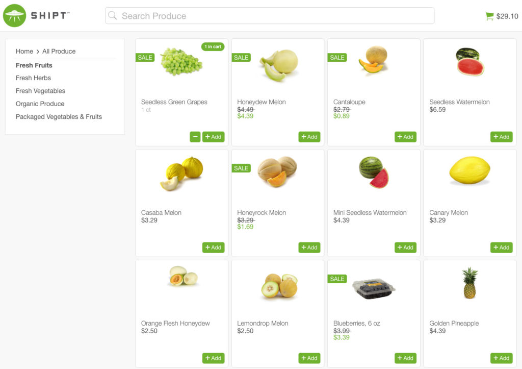 Shipt's desktop website showing a photo of Fresh Fruits for sale