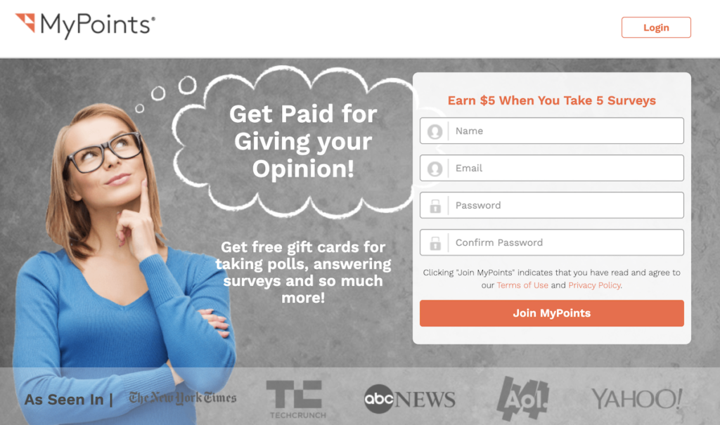 MyPoints.com survey homepage