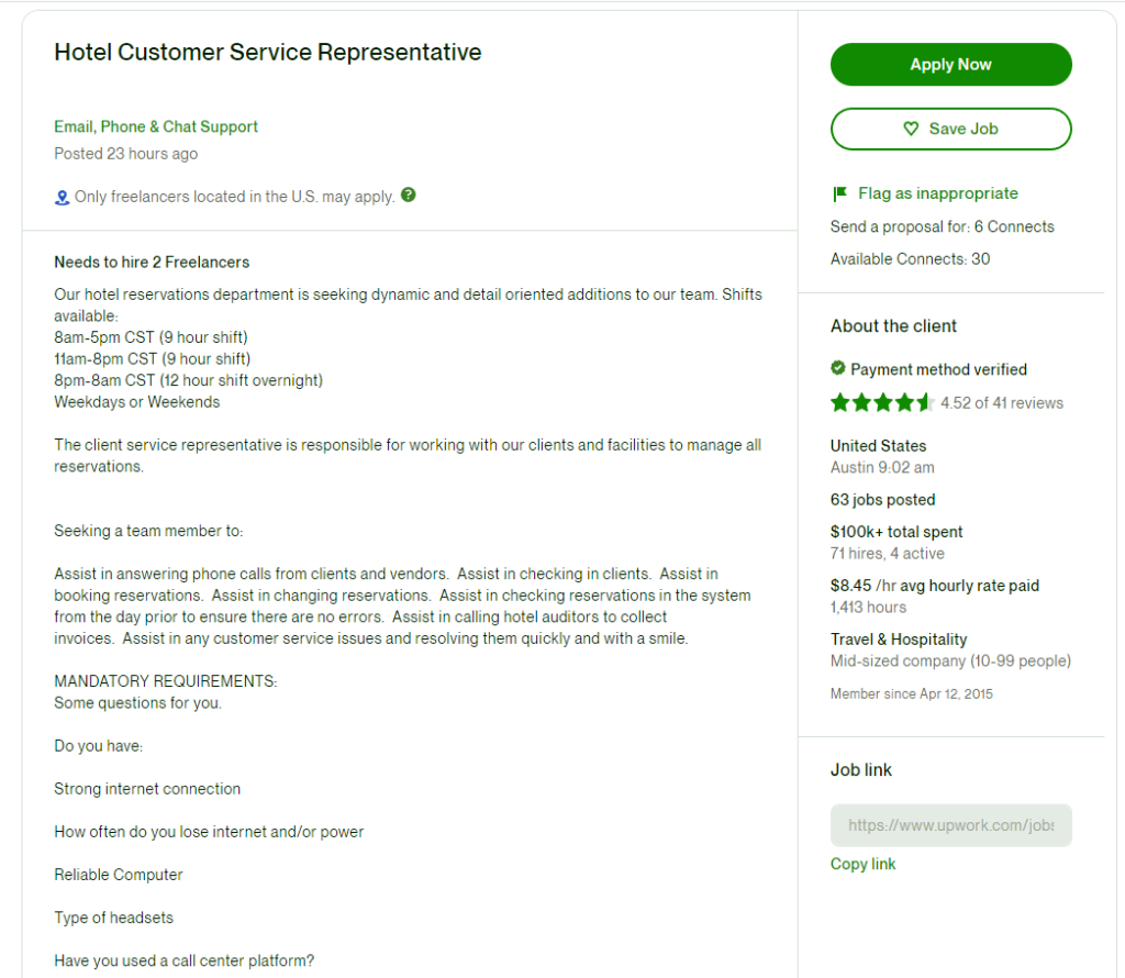 hotel customer service upwork job