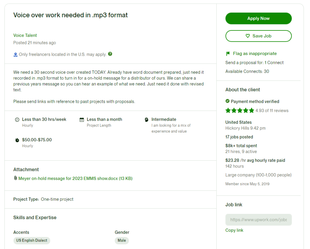 voice talent upwork job