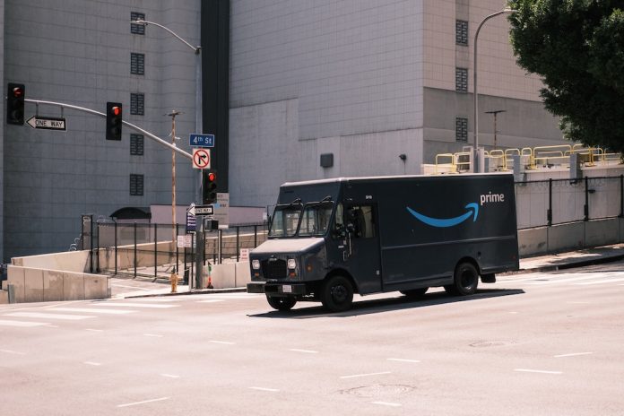 amazon prime truck on a street